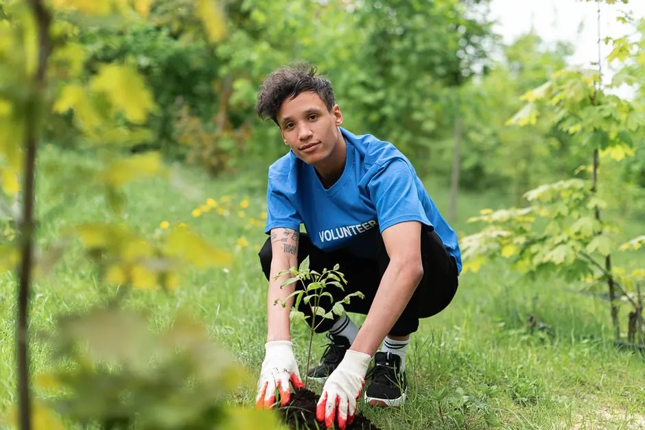 A dedicated volunteer planting a tree sapling in a lush green park environment.