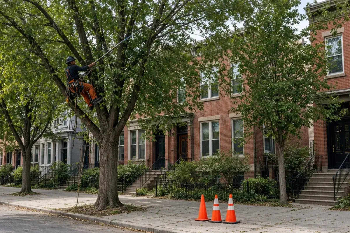Tree worker pruning a street tree outside brick townhomes, with safety cones on the sidewalk