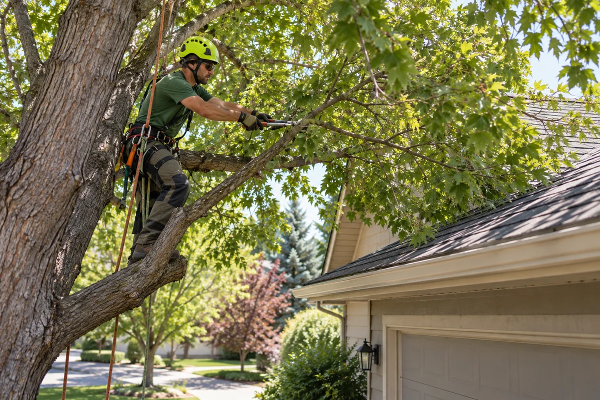 Large limbs hanging over a roof that could fail in wind or snow