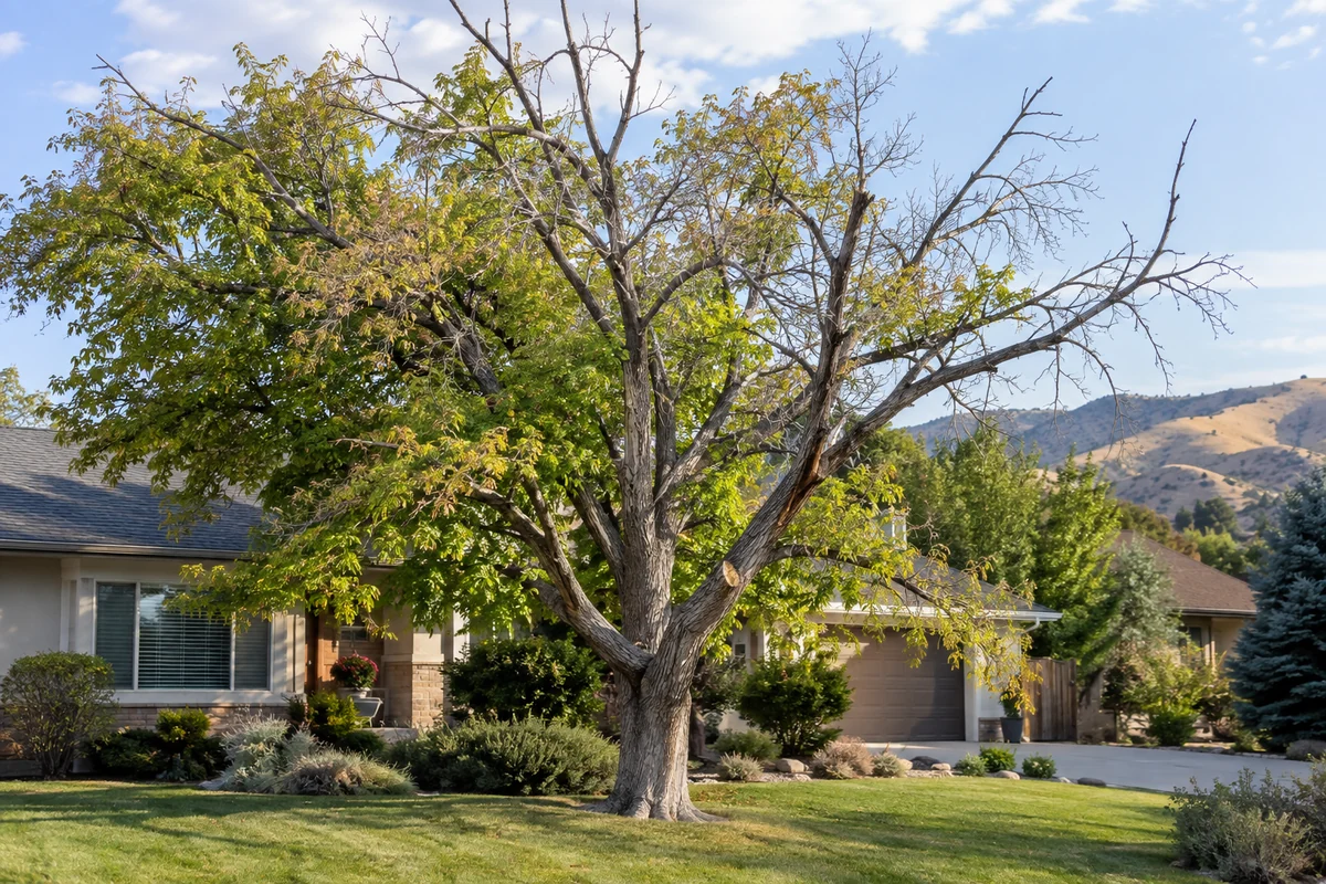 Dead, leafless tree standing in a Boise front yard