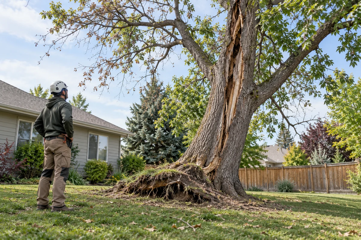 Tree with a split, broken trunk in a yard next to a fence