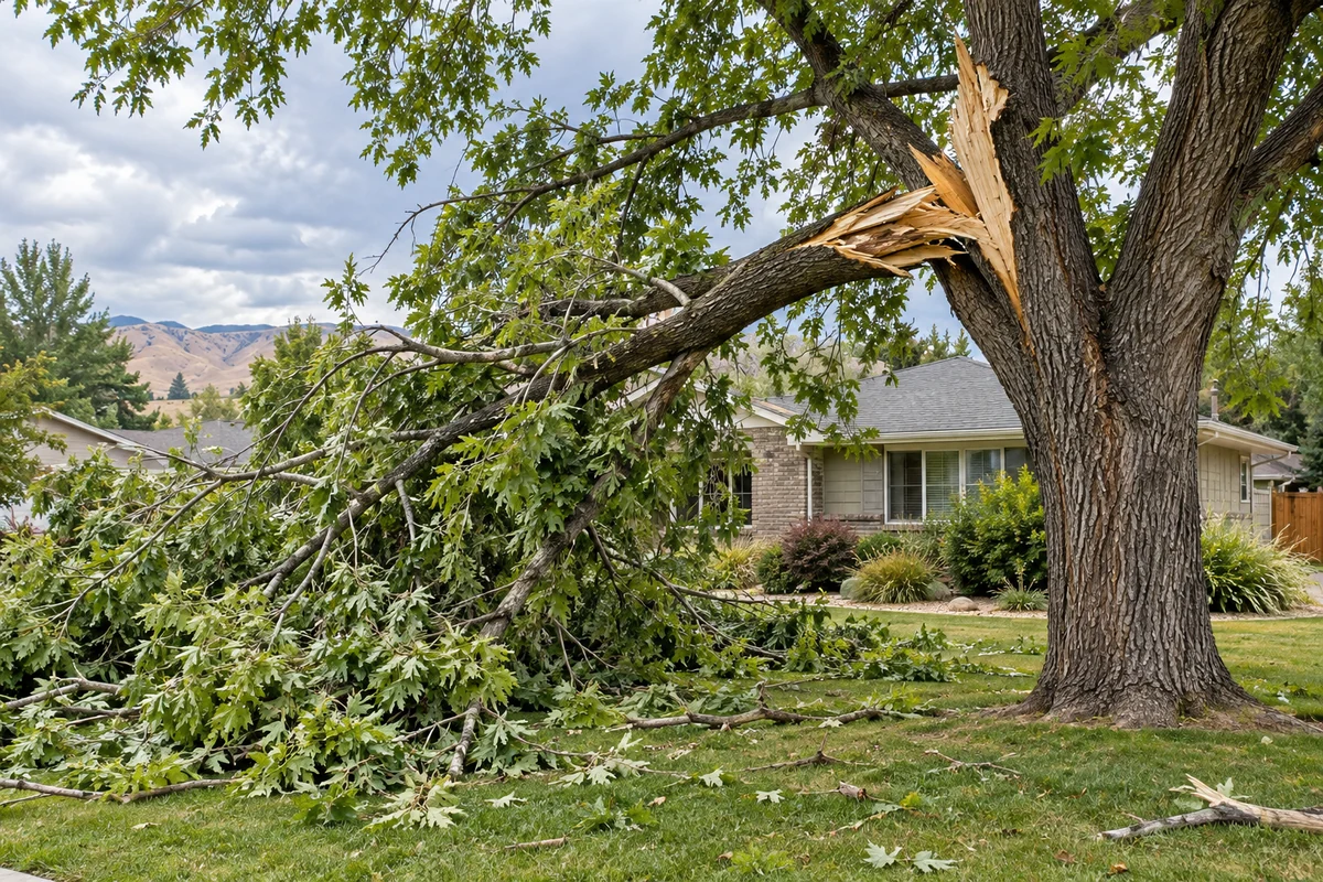 Large limb torn from a tree by wind, lying across a yard