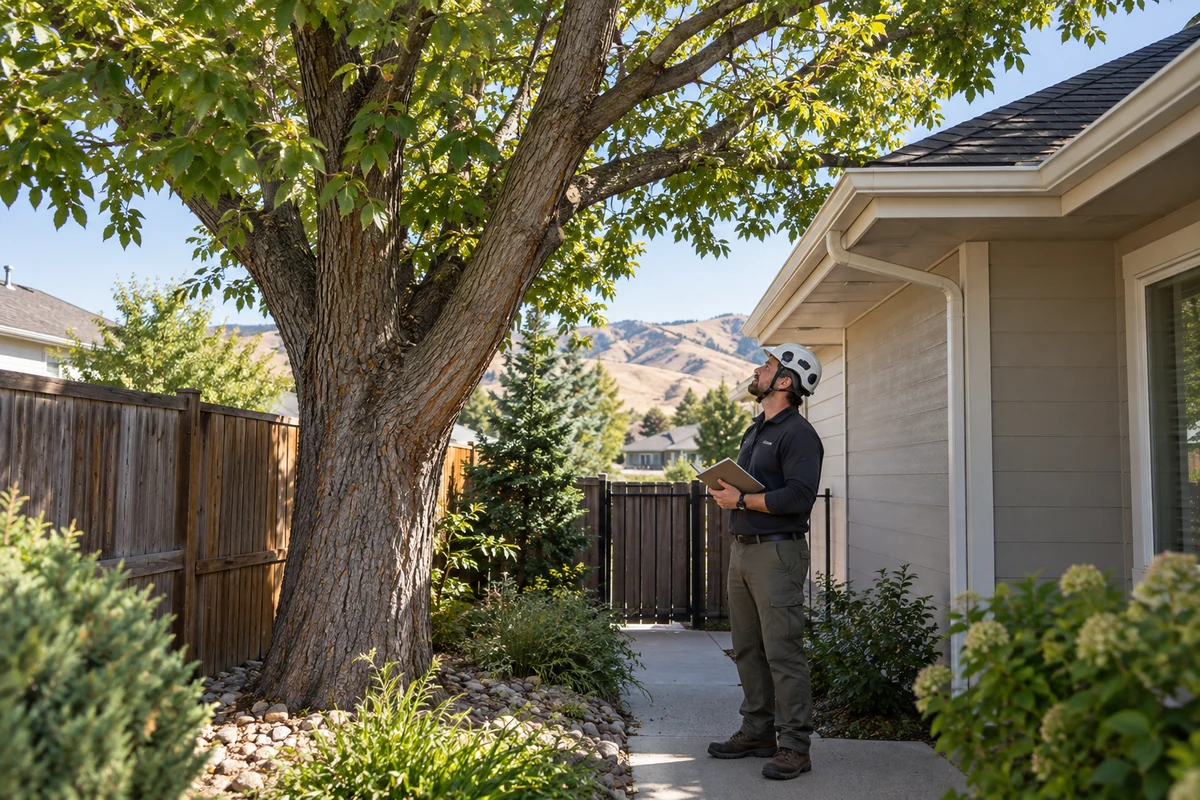 Arborist assessing a large yard tree beside a house