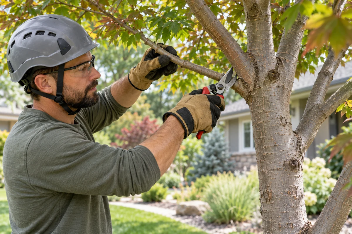Tree worker in a helmet making a pruning cut with hand pruners