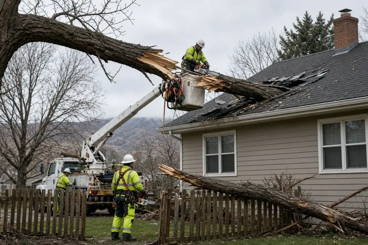 Storm-damaged tree on a Boise property