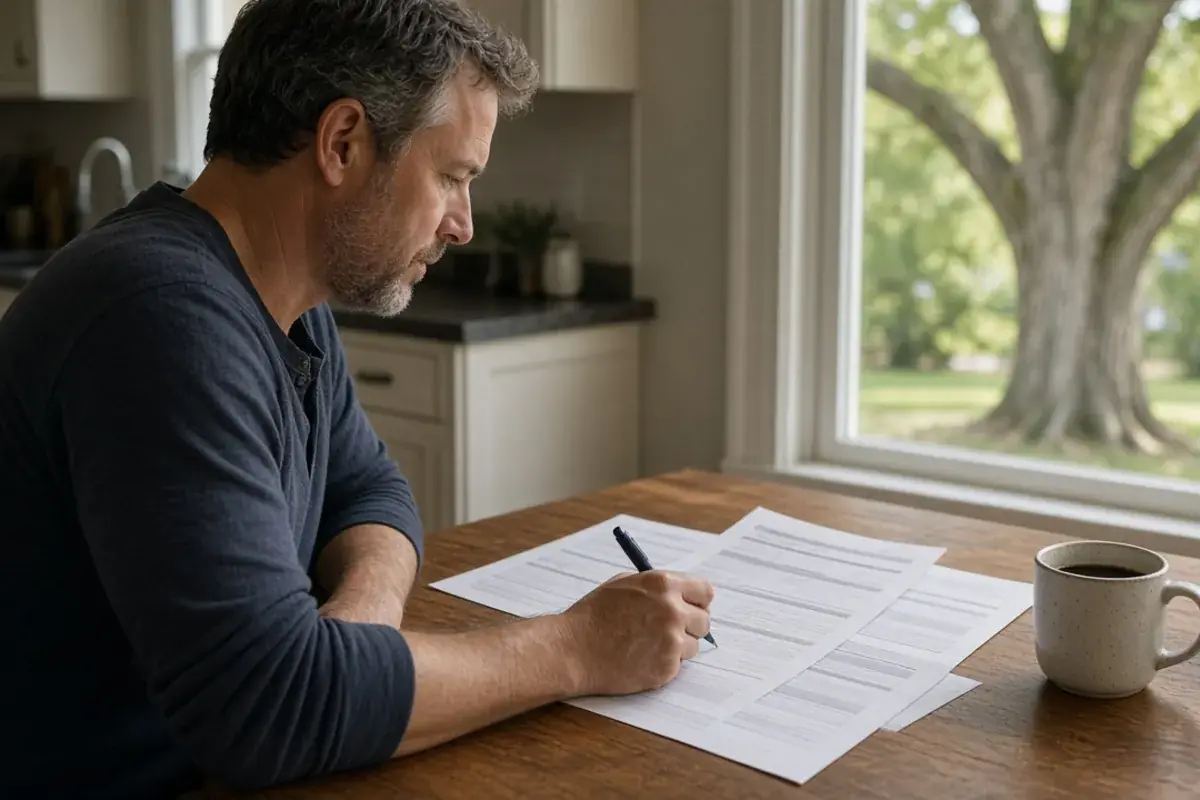 Homeowner reviewing paperwork and photos after storm damage to a yard