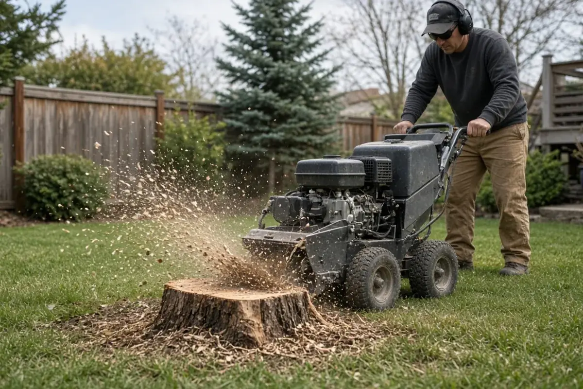 Stump grinder grinding a cut stump into wood chips