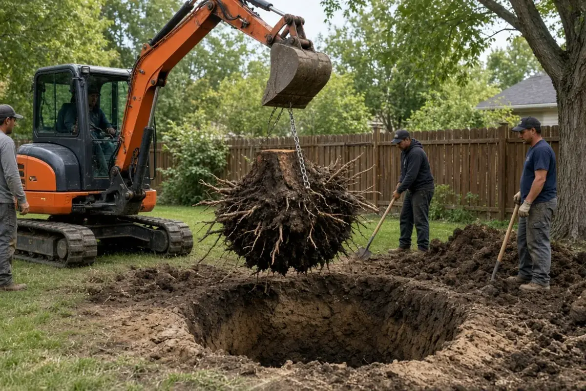 Fresh stump hole after full stump and root-ball removal in a yard