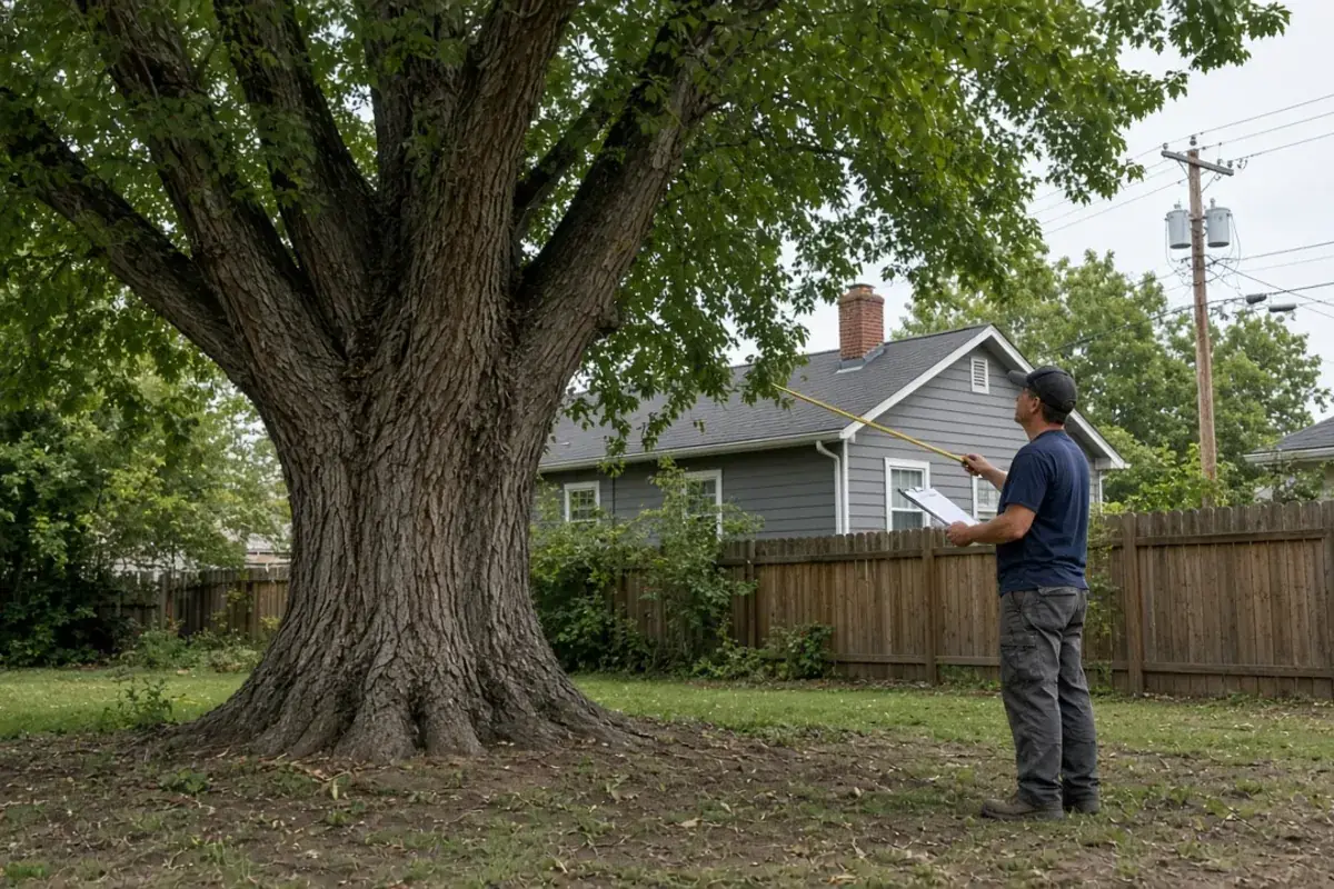 Homeowner looking at a large backyard tree he is thinking about removing